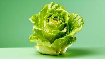 A single lettuce on a pastel green background. photo