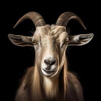 Portrait of a goat face shot, close-up, isolated on black background. photo