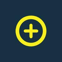 redondo amarillo icono de un más símbolo en oscuro azul antecedentes. más icono básico matemático símbolo.calculadora botón icono. negocio Finanzas concepto en vector. vector