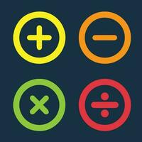 Basic mathematical symbol. Plus and minus icon set. Math symbol. equals symbol. Add sign. Multiply icon. division, Calculator button, business finance concept. isolated Yellow and dark blue vector