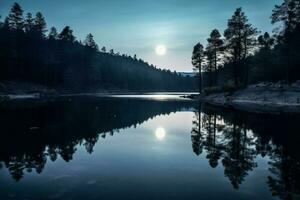 Photo of lake with moon reflection. AI generative