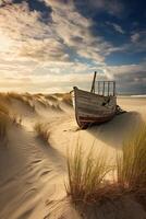 A photograph of a deserted beach with an old broken fence running along the dunes in the foreground and clusters of sea oats. AI generative photo