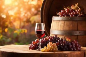 un barril de vino se sienta en un mesa con un manojo de uvas en el fondo, espacio de copia, ai generativo foto