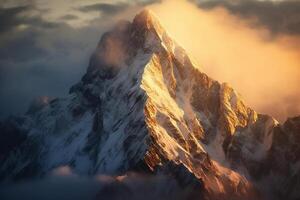 photo ofa rugged mountaineer Alpine peak. AI generative