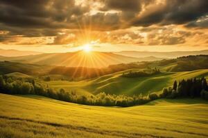 The sun rises over a hillside with grassy fields and an area with a hill. AI generative photo