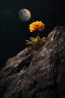 neptunian asteroid with a lone vivid marigold blooming on otherwise dark barren rock. photo