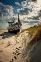 A photograph of a deserted beach with an old broken fence running along the dunes in the foreground and clusters of sea oats. AI generative photo