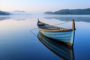 Small boat on a calm lake, landscape photography. AI generative photo