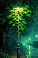 Capture the droplets of rain cascading down vibrant green leaves, reflecting the soft glow of a streetlamp. AI generative photo