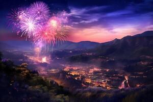 Fireworks on the mountain. photo