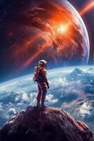 an astronaut standing on a mountain top of vibrant planet. photo