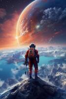 an astronaut standing on a mountain top of vibrant planet. photo