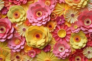 3D yellow and pink flowers layered forms, paper quilting pattern, vibrant colors. photo