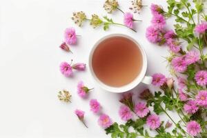 floral bandera y taza de sabroso té. ai generativo foto