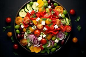 Greek salad vibrant colors bright summer photo hyper realistic high definition sharp.