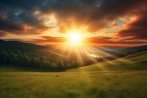 The sun rises over a hillside with grassy fields and an area with a hill. AI generative photo