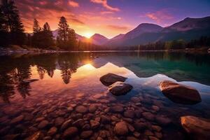 imagen un cautivador escena de un tranquilo lago a puesta de sol. ai generativo foto