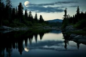 foto de lago con Luna reflexión. ai generativo