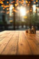 Empty wooden table top with blurred background. AI generative photo