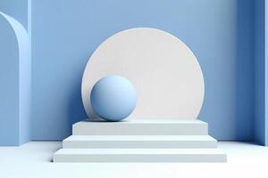 Minimal scene with podium and abstract background. Pastel blue and white colors scene. photo