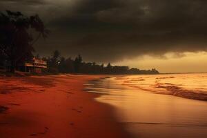 arenoso playa a lo largo un Oceano a amanecer con oscuro nubes de rojo y naranja. ai generativo foto