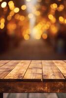 Empty wooden table top with blurred background. AI generative photo