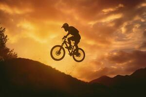 un hombre volador mediante el aire mientras montando un bicicleta. ai generativo foto