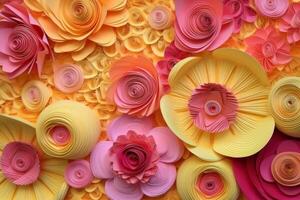 3D yellow and pink flowers layered forms, paper quilting pattern, vibrant colors. photo