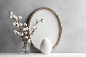 Front view product photo of white oval frame with wild Cotton branches in glass vase behind the frame.