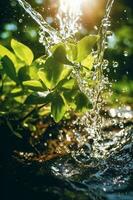 Closeup of water pouring in nature. AI generative photo