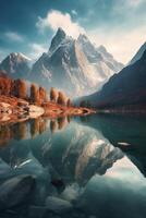 A calm lake surrounded by towering mountains. photo