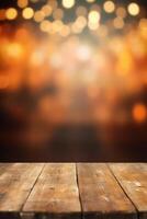 Empty wooden table top with blurred background. AI generative photo