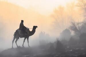 Soldier on a camel, foggy area, silhouette. photo