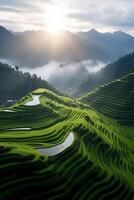 The sun rises over a hillside with grassy fields and an area with a hill. photo