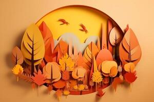 An abstract paper cut out collage of a autumn elements in the colors of brown, orange, yellow and green. AI generative photo