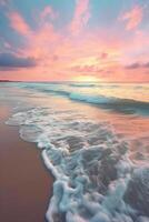 un tranquilo playa escena a crepúsculo, con suave pastel colores pintura el cielo y el amable sonido de olas lapeado en contra el costa. ai generativo foto