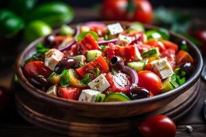 Greek salad vibrant colors bright summer photo hyper realistic high definition sharp.