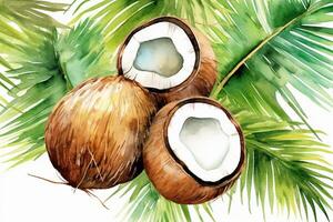 Quirky coconuts in palm trees in the style of watercolor painting, on a white background. photo