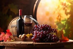 A barrel of wine sits on a table with a bunch of grapes in the background, copyspace, photo