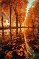 Stunning detail reflection of the golden and orange katsura trees around the natural round lake. AI generative photo