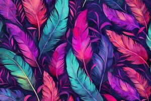 A hot pink, purple and teal repeating pattern of feathers, watercolor elements, black background. photo