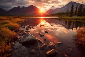 imagen un cautivador escena de un tranquilo lago a puesta de sol. ai generativo foto