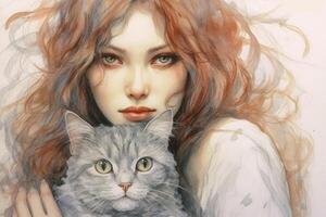 Sweet grey kitty with a heavy set woman with curly light brown hair with grey streaks in the style of line art and watercolor. AI generative photo