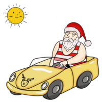 Christmas in July illustration  with  Santa Claus driving a car. png