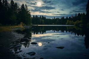 Photo of lake with moon reflection. AI generative