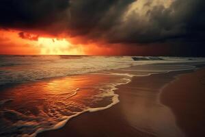 Sandy beach along an ocean at sunrise with dark clouds of red and orange. photo