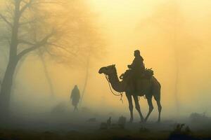 soldado en un camello, brumoso área, silueta. ai generativo foto