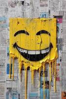 yellow paint dripping on the newspaper, happiness, smiley icon. photo