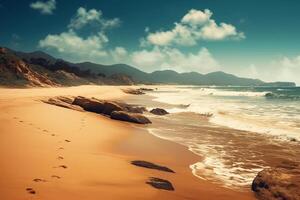 azul cielo y arenoso playa. ai generativo foto