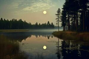 Photo of lake with moon reflection. AI generative